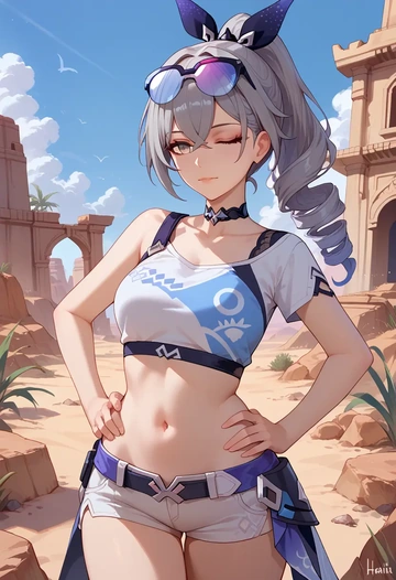 star rail,silver wolf,crop top,athletic shorts  - AI generated anime art